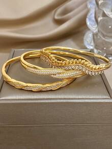 Set/1Pc Anti-Fading Vintage Zirconia Twisted Bangle Bracelet Gold Jewelry For Women,For Daily Party Birthday Valentine's Day, Boho/Wedding Accsesorie - Multicolor - View 5
