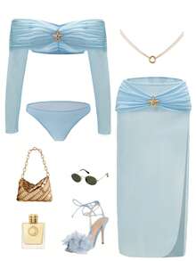 女士优雅纯色抹胸长袖比基尼套装，搭配网眼沙滩裙，金色海星装饰，打造休闲沙滩风格 - 藍色 - 查看 4