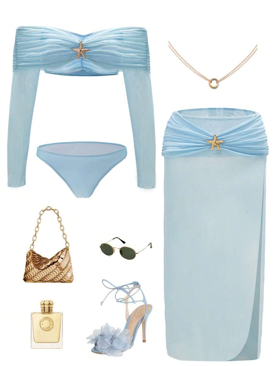 Allurini Conjunto de bikini de manga larga tipo bandeau de unicolor elegante para mujer, combinado con vestido de playa de malla, decoración de estrella de mar dorada, para un estilo de playa casual - Azul - Ver 1
