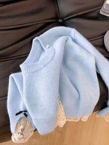 Lingshan Directional Korean Style Soft Blue Women's Sweater With Lace Base Design Spring And Autumn Lazy Style Top - Blue - View 6