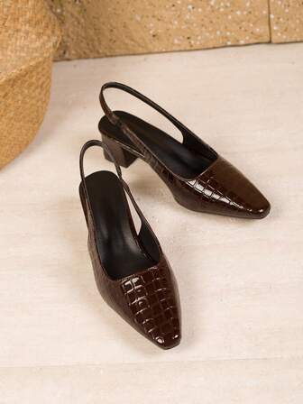 Brown Crocodile Embossed Pointed Toe Chunky Heel Slip-On High Heel Sandals For Women, Suitable For Party, Banquet, Wedding, Comfortable For Formal Commute