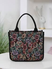 حقيبة تسوق من قماش جاكار مزخرف بالزهور مع خامة سميكة، مثالية للتنقل واستخدام اليد. تتميز بغلق بسحاب، وجيب أمامي، ويمكن استخدامها أيضًا كحقيبة يد أو حقيبة تغيير - الأسود - مشاهدة 4