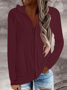 Plus Size Women's Solid Color Ribbed Zipper Drawstring Casual Sweatshirt, Loose Knit Long Sleeve Sweatshirt Top, European And American Autumn/Winter New Arrival - Burgundy - View 1