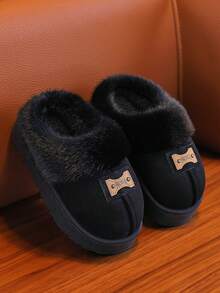 儿童拖鞋 新款秋冬简约设计 男童室内家居保暖毛绒拖鞋 时尚女童加厚蓬松拖鞋 - 黑色 - 查看 2