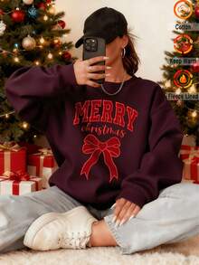 sweat-shirt femme col rond à manches longues avec épaules tombantes en polaire pour l'automne/hiver. Imprimé à l'avant avec le texte rouge "Merry Christmas". Parfait pour les rendez-vous romantiques, la Saint-Valentin, les déplacements, les occasions professionnelles, coupe slim, les voyages pendant les fêtes, la rentrée scolaire, le style de rue - Rouge vin - Voir 3