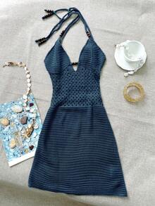 Yueweinini Sexy & Elegant V-Neck Beaded Hollow-Out Knit Bodycon Dress, Suitable For Vacation, Valentine's Day, Music Festival, Spring/Summer Beach, Daily Wear - Navy Blue - View 5