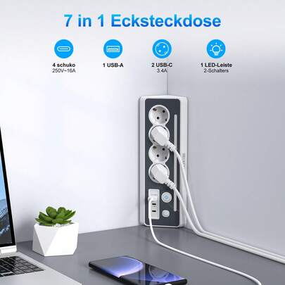 HITRENDS 8-In-1 Power Strip: With LED Night Light + 3 USB Fast Charging Ports: 3680W High Power: Overload Protection: Master Switch: Essential For Home And Office: Easy Installation, Black/White