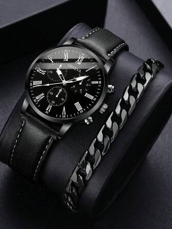 2件套 男士时尚休闲罗马刻度表盘日历石英腕表+手链