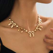 优雅蝴蝶结项链，配以丝带链，时尚颈链，适合日常佩戴、派对、庆典和节日场合。 - 金色 - 查看 5