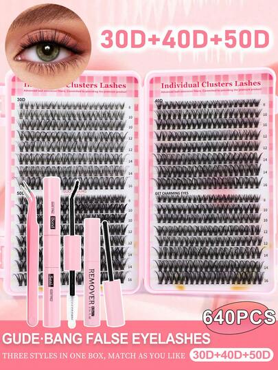 640pcs DIY Eyelash Extension Kit (30D+40D+50D) - Includes False Eyelashes, Glue, Makeup Remover, Tweezers And Brush, Easy For Professional And Beginner, Convenient For Home Use, Eyelash Extension Starter Kit: Includes All Eyelash Types