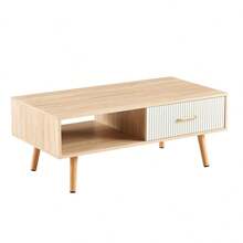 Rectangle Coffee Table / Modern Coffee Table For Living Room / With Solid Wood Legs / Sliding Drawer For Storage / Suitable For Bedrooms, Rooms, And Small Spaces - Natural Wood - View 6