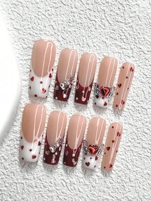 10Pcs Gentle Valentine's Day Style Handmade Press On Nail,Polygel Nail Set,Polka Dots,Love Heart,Angel,Red,White Nail Polish,Personality Style,Includes Nail Tools,3 Sizes Available,Almond,Duck,Coffin Nails For Party,Dance,Daily Wear. - 彩色 - 查看 14