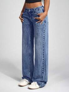 Quần jeans ống rộng có túi, dáng suông, đa năng, đơn giản dành cho nữ tuổi teen. - Rửa trung bình - Xem 5
