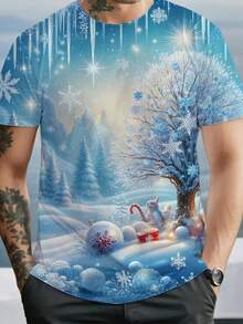 Men's 3D Winter Snow Scene T-Shirt With Reindeer & Snowflake Print - -Like Texture Short Sleeve, Breathable Soft Fabric (S-XXXL) - Christmas Holiday Party Outfit, Casual Winter Wear, Machine Washable - All-Over Full-Body Pattern Design - Màu sắc hỗn hợp - Xem 2