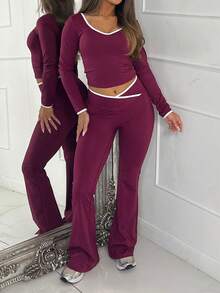 Vaiaye Women's Valentine's Day Carnival Y2k Women's Two Pieces Casual Sports Yoga Body Shaping Long Sleeve Red Top With Open Umbili And Micro Pull Hip Lifting Pants Set - Burgundy - View 5