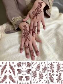 4张海娜临时纹身贴纸，防水海娜纹身，简约手部纹身，适用于女性化妆、婚礼、穆斯林服饰配饰、节日约会派对装饰 - 棕色 - 查看 10