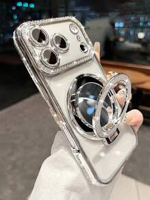 Luxury Rhinestone Lens Protection Plated Anti-Drop Phone Case With Shiny Sequin Makeup Mirror Ring Holder, Compatible With IPhone 17 Pro Max, 17 Pro, 17, 16 Pro Max, 15, 14 Plus, 13, 12 Pro Max, 11, 17 Air, Galaxy, OPPO, Honor, Redmi, Note, Infinix And More, High-Quality Shock-Proof Frame Back Cover - Silver - View 2