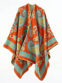 1 chiếc khăn choàng/khăn quàng cổ kiểu poncho họa tiết hoa bằng chất liệu giả cashmere dành cho nữ, thích hợp mang theo khi đi du lịch. - Cam-C - Xem 1