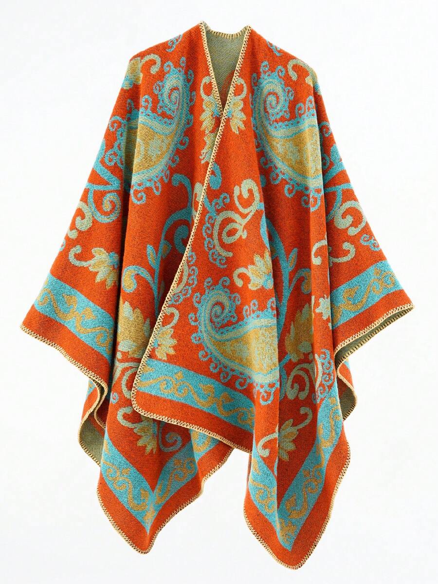 1 chiếc khăn choàng/khăn quàng cổ kiểu poncho họa tiết hoa bằng chất liệu giả cashmere dành cho nữ, thích hợp mang theo khi đi du lịch. - Cam-C - Xem 1