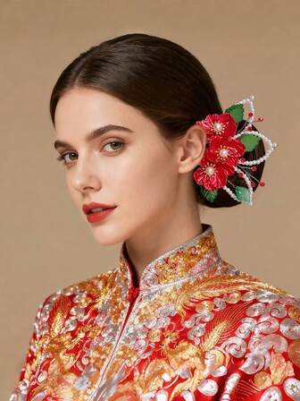 1pc Elegant Pearl Flower Hair Comb, Crystal Bridal Wedding Side Headpiece, Suitable For Holidays, Parties, Dates, Birthdays, Casual, Christmas, Valentine's Day, Women Hair Accessories, Haircomb