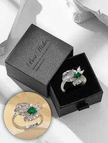 Gift Box Luxury Leaf-Shaped Emerald Ring, Shiny Cubic Zirconia Jewelry For Party And Banquet, Ideal Gift Choice For Holidays - Silver - View 9