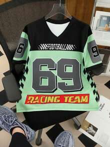 男士V领数字印花休闲透气短袖T恤 - 綠色 - 查看 1