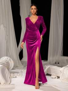 Faeriesty Elegantes Abendkleid für Damen mit dramatischem tiefen V-Ausschnitt, luxuriösem drapiertem Stoff und hohem Seitenschlitz, atemberaubende Bodycon-Silhouette für glamouröse Anlässe, langärmeliges glitzerndes Bankett-Kleid für Hochzeitsjubiläumsfeier, Festtagsessen, Sommerurlaubs-Outfits