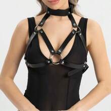 1pc Gothic Punk Style Faux Leather Corset Belt, Adjustable Chain Strap Corset, Versatile For Daily And Festive Wear, Accessory For All Seasons - Black - View 2