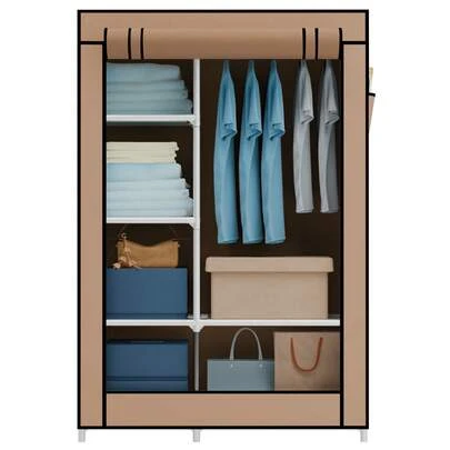 Clothes Wardrobe, Portable Closet, 41.73*17.32*66.93in, 6 Shelves, And 2 Side Pockets, Large Capacity For Bedroom, Living Room, Beige