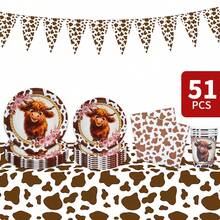 51/25/8/1pc Cute Highland Milk Cow Pattern Farm Disposable Plates, Napkins, Cups, Tablecloth And Bunting Set, Party Supplies Set Suitable For 8 Guests, Disposable Paper Plates Party Tableware Suitable For Birthday, Wedding, Theme Party, Family Picnic - Multicolor - View 1