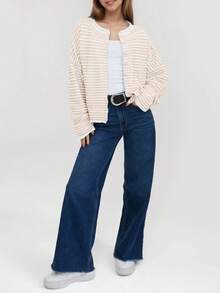 Women's Striped Cardigan Long Sleeve Open Front Button Down Lightweight Loose Knit Fall Winter Sweater - 白色 - 查看 4