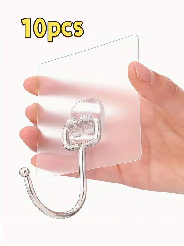 10 Peças Ganchos Adesivos Resistentes - À Prova d'Água, Montagem na Parede Sem Danos, Material: PVC, Tamanho: 7cm*7cm, Adequado para Banheiro, Cozinha, Quarto, Armazenamento de Escrivaninha, Estrutura de Plástico Resistente, Sem Necessidade de Perfuração | Design de Gancho Moderno | Ganchos de Plástico Duráveis, Ganchos para Cortina de Chuveiro