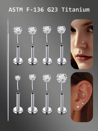 CIZME 20g Threadless Titanium Alloy Lip Ring, Flat Base Cartilage Earring, 6mm/7mm/8mm Tragus/Helix Earrings, Unisex, G23 Push-In Lip Piercing Jewelry With 2mm/3mm/4mm Zirconia Inlaid Top