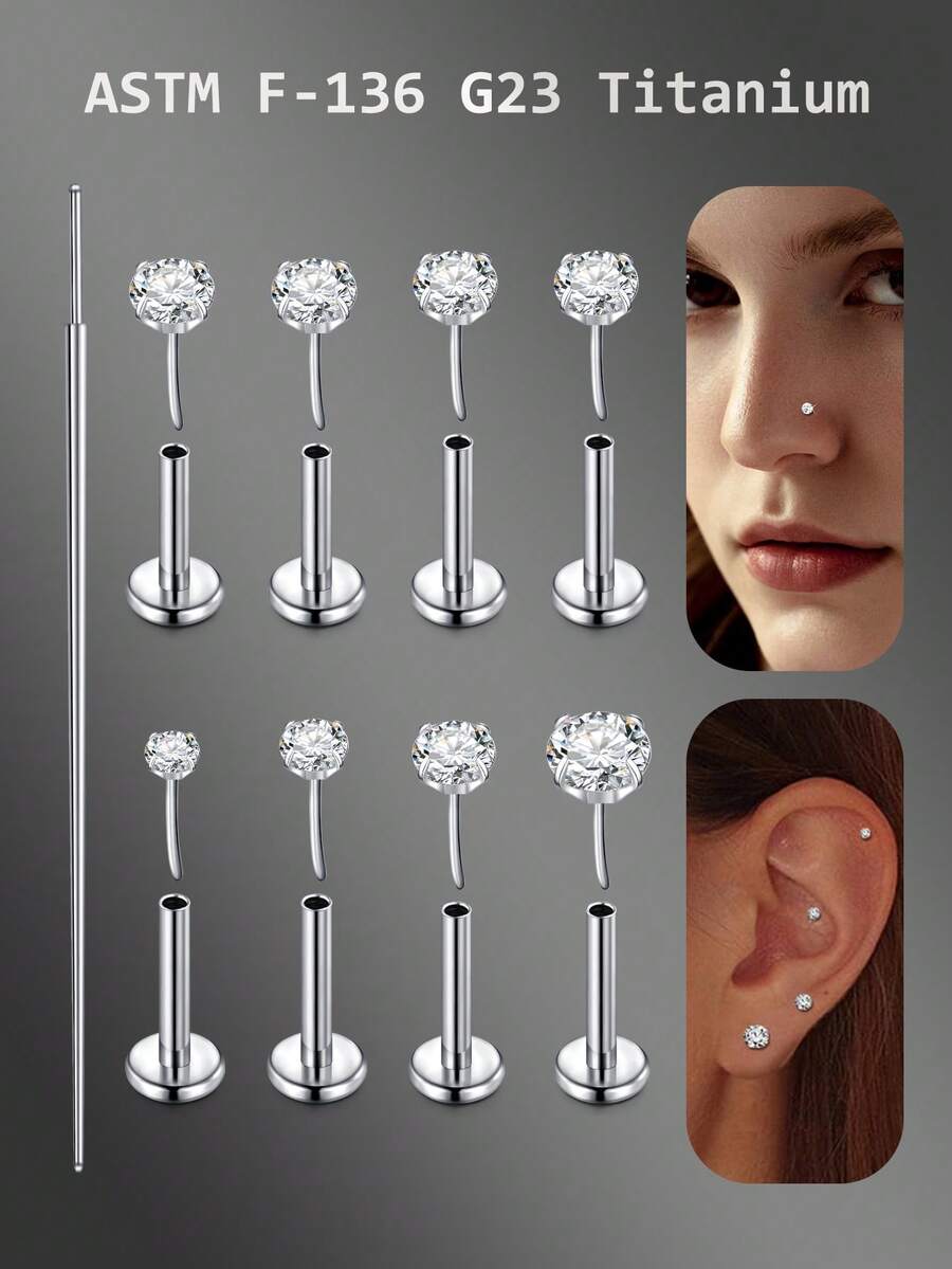 CIZME 20g Threadless Titanium Alloy Lip Ring, Flat Base Cartilage Earring, 6mm/7mm/8mm Tragus/Helix Earrings, Unisex, G23 Push-In Lip Piercing Jewelry With 2mm/3mm/4mm Zirconia Inlaid Top - Silver - View 1