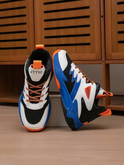 1 Pair Kids' Basketball Shoes, Youth Outdoor Sports Shoes Anti-Slip Durable New Fashion Colorblock Breathable Casual Boys Shoes