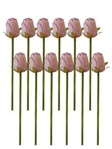 24支仿真丝玫瑰花，逼真玫瑰花束，假玫瑰花茎，适用于情人节、母亲节、家居婚礼派对装饰、桌面摆件、DIY装饰 - 粉色 - 查看 9