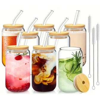 24pcs/Set Glass Cups With Lid And Straw, 16oz Glass Coffee Cups, Iced Coffee Cups With Lid, Glass Tumblers With Straw And Lid For Family Gathering, Organizing A Party, Wedding, And Mother's Day Gift