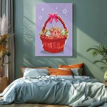 1pc Wooden Framed Wall Art, Wrapped Canvas Vintage Prints Poster, Animal In Basket, Eggs, Flowers - Botanical, Whimsical, Colorful, Playful Style, Perfect Gift Decor, Wall Art For Living Room Bedroom Office, Hanging Hardware Included - Wrapped Framed Canvas, Vertical - Framed Canvas - 查看 9