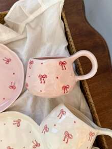 1pc Hand-Painted Polka Dot Bow Ceramic Cup & Saucer Set, French Countryside Style Pink Bow Ceramic Coffee Cup & Saucer, Romantic Girly Aesthetic Mug, Suitable For Daily Afternoon Tea, Gathering With Friends - Multicolor - View 5