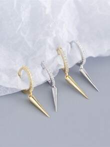 1 Pair Fashionable Glamorous Luxury Zirconia Gold Conical Earrings, Unique Design Everyday Versatile Women Gift - Golden Yellow & Silver - View 1