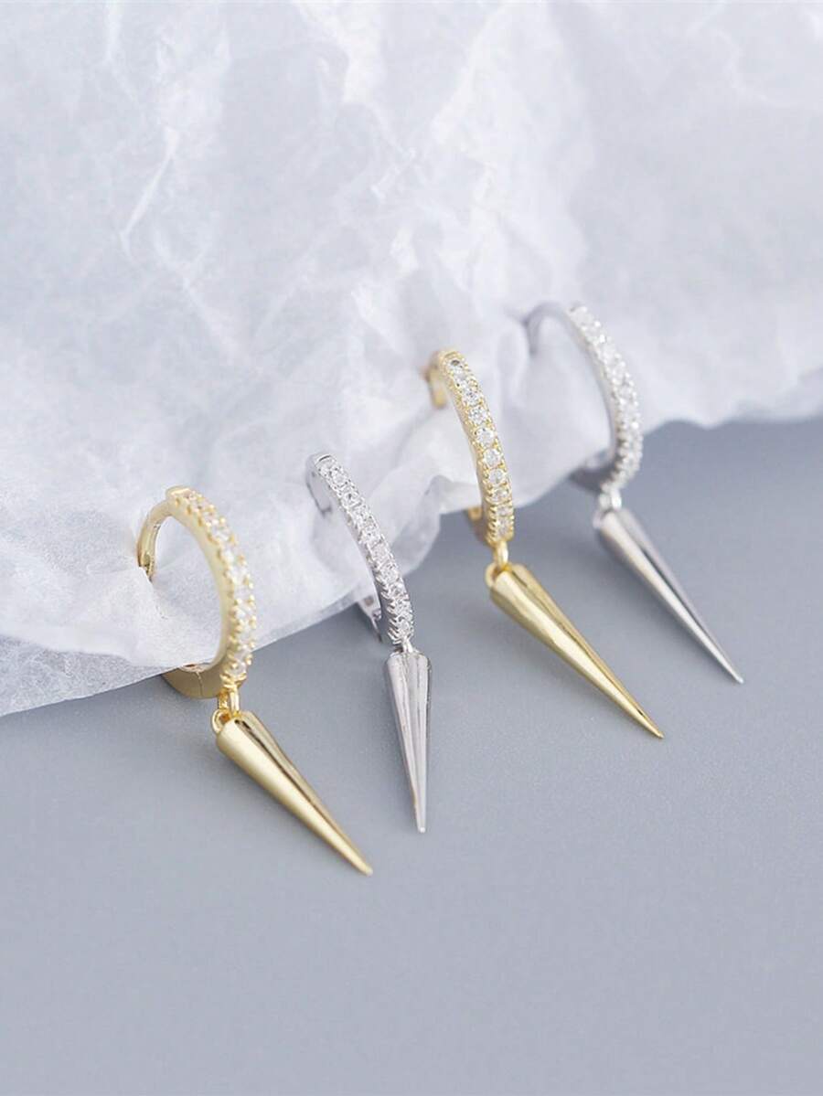 1 Pair Fashionable Glamorous Luxury Zirconia Gold Conical Earrings, Unique Design Everyday Versatile Women Gift - Golden Yellow & Silver - View 1