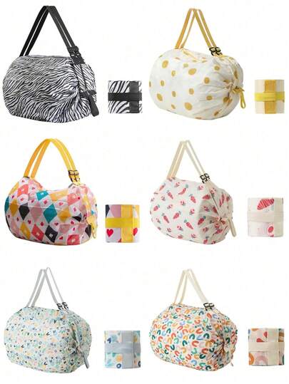 1pc Fashionable Reusable Foldable Shopping Bag, Women's Portable Folding Tote Bag, Carry Bag, Storage Bag (The 2 Items Shown In The Image Are The Expanded And Folded States, Not A 2-Piece Set)