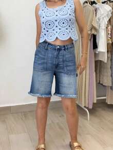New Spring/Summer European & American Style Washed Denim Shorts, Casual Fashion Versatile Frayed Hem Elastic Waist Denim Shorts