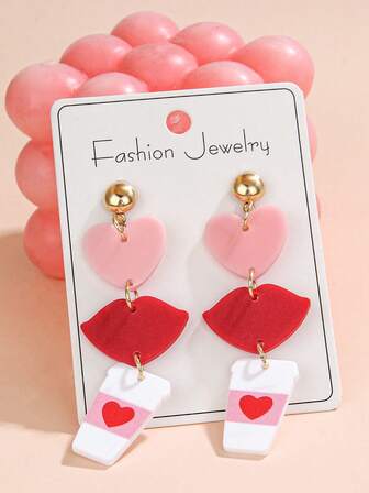 A Pair Y2K Sweet Girl Acrylic Earrings - Heart, Lip, Coffee Cup Fun Accessory Earrings, Suitable For Daily Casual Wear, Valentine's Day, Coffee Lovers