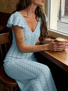 女士休闲优雅百搭纯色V领蕾丝边镂空细节针织套头衫，修身腰身，荷叶边袖口，宽松长款，度假必备上衣，春夏海滩风情 - 淺藍色 - 查看 2