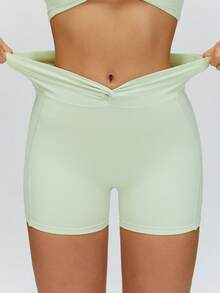 MASKERT Women's High-Waisted Twisted-Waist Sports Shorts, Slim-Fitting & Shape-Enhancing, Butt-Lifting & Slimming, For Yoga And Fitness Summer - Mint Green - View 5