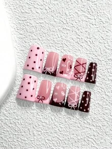 10Pcs Gentle And Sweet Style Handmade Press On Nail,Polygel Nail Set,Polka Dots Embellishment,Ballet,Pink,Brown Nail Polish,Gentle And Ethereal Style,Includes Nail Tools,3 Sizes Available,Almond,Duck,Coffin Nails For Party,Dance,Daily Wear. - 彩色 - 查看 17
