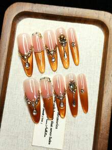 10pcs Handmade Wearable Nail Stickers, Pointed Long Nails, Suitable As Christmas Gift, French Pink & Champagne Ombre, Shiny, Cat Eye Effect, Rhinestone Water Drops & Various Shapes, Fashionable High-End, Suitable For Girls, Reusable - Rose Gold - View 6