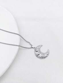 1pc Stainless Steel Moon Surface Textured Pendant Necklace, Fashionable Minimalist Chic Collarbone Sweater Chain - Multicolor - View 8