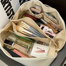 大容量可扩展旅行化妆包，拉链隔层收纳设计，可存放化妆品、洗漱用品及配件 - 粉色仿皮化妆包，适合女性、健身、商务旅行、度假、化妆间装饰 - 彩色 - 查看 4